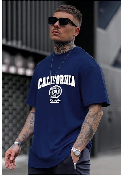 Hırsch Unisex Lacivert California Baskılı Oversize T-shirt Lacivert