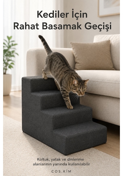 4 Basamaklı Kedi Köpek Merdiveni 54x40x40 Cm, Fermuarlı Yıkanabilir Kılıflı Sert Sünger
