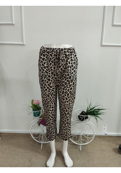 Butik İstanbul Kadın Yüksek Bel Bağcıklı Leopar Desenli Modal Pantolon