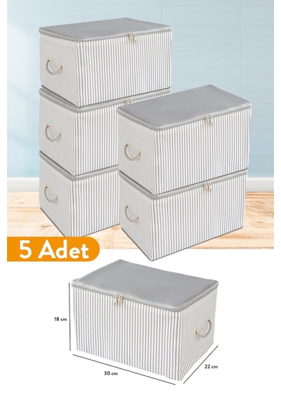 Serstil 5 Adet - Mini Boy Baskı Detaylı Antrasit Çizgili Hurç 30 X 22 X 18 Cm Gri