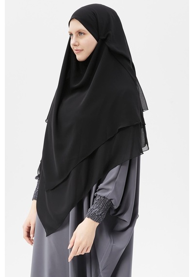 Altobeh Hazır Pratik Şifon Üç Katlı Peçeli Üçgen Hac Umre Şalı Sufle Hijab Nikap Siyah