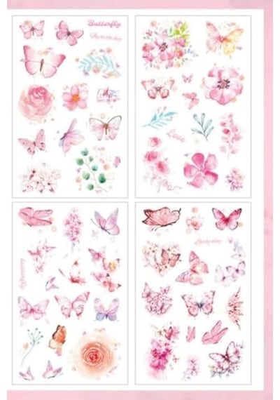 Kolbi Craft 4 Sayfa 60 Adet Şeffaf Pembe Kelebek Çiçek Sticker Bullet Journal Scrapbook Laptop Ajanda Planlayıcı Abanoz