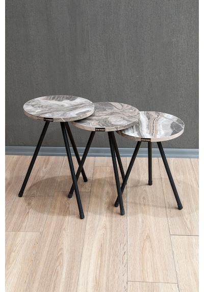 Yuvarlak Metal Ayaklı 3'lü Zigon Sehpa Çay Sehpası Servis Sehpası - Gri Mermer / Gri Mermer