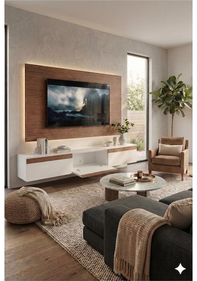 Purelıne Ledli Duvar Tv Ünitesi 140 Cm Ceviz Beyaz Beyaz-ceviz 160 Cm