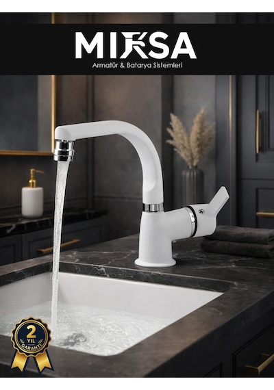 Beyaz-krom Armut Balıksrıtı Borulu Oynar Başlıklı Perlatörlü Banyo Lavabo Bataryası, Çiftsugirişli