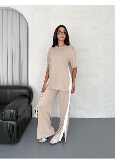 Elaxi Modal Şeritli Yırtmaç Detaylı Pantolon Tişort Takım Bej