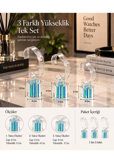 Saat Standı 3'lü Set Lazer Model Oval Mavi & Yeşil Pleksi