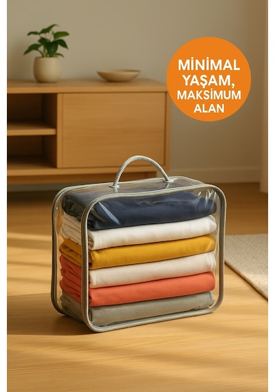 Mor Şeffaf Kapaklı Hurç 28x32x15 Cm Orta Boy Dolap İçi Kıyafet Ve Havlu Düzenleyici Gri