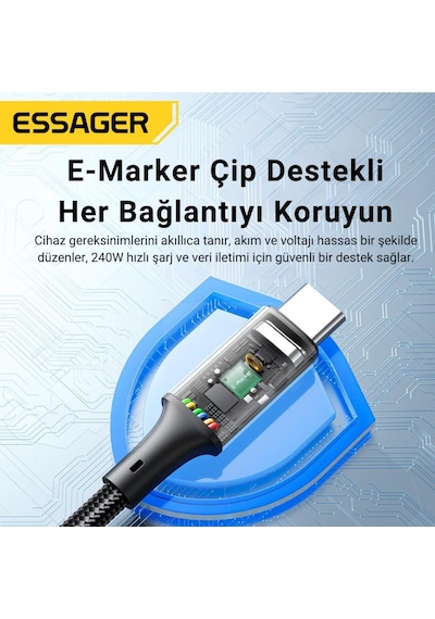 Essager E-marker Çip 2mt Pd3.1 240w Type C Şarj Kablosu 480mbps Şarj Akım Koruma Kopmaz Kablo 48v/5a Desen - Ben10