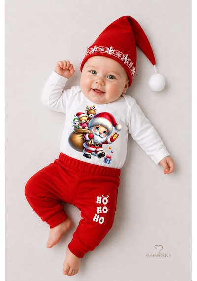 Babyden's Bebek Yılbaşı Noel Kıyafeti 3 Lü Set ,santa Baskılı Uzun Kollu Body, Kırmızı Pantolon,şapka Unisex Kırmızı - Beyaz