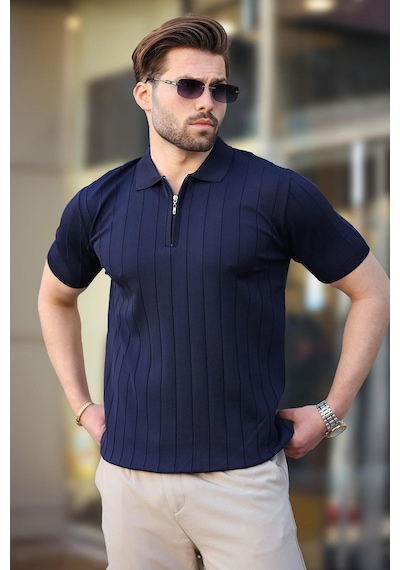 Madmext Madmext Lacivert Polo Yaka Fermuarlı Erkek T-shirt E7298 Lacivert
