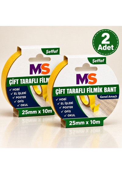 2 Adet Çift Taraflı Filmik Şeffaf Bant 25 Mm X 10 Metre Yapışkanlı Hobi Bandı El Çok Amaçlı Bantları