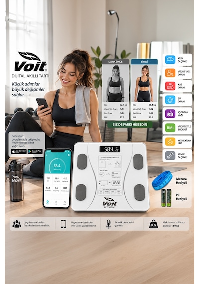 Voit Blt5000 Bluetooth Baskül - Dijital Akıllı Tartı - Yağ Ölçer Tartı - Pil Ve Mezura Hediyeli Tartı - Beyaz