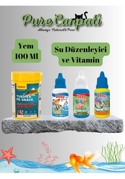 Purecanpati Akvaryum Bakım Seti Sera Tubifex Yem 100 Ml + Vitamin + Su Düzenleyici + Antiklor