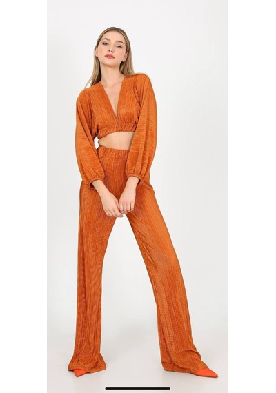 Fashion Cocktail Zarif V-yaka Fitilli Akordiyon Kumaş Crop Pantolon Takım Taba Taba