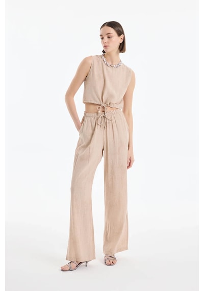 Quzu Beli Lastikli Bol Paça Bej Kadın Pantolon Pnt00454