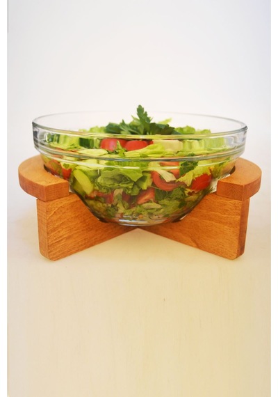 Ahşap Kayın Ağacı Standlı Cam Salata Kasesi