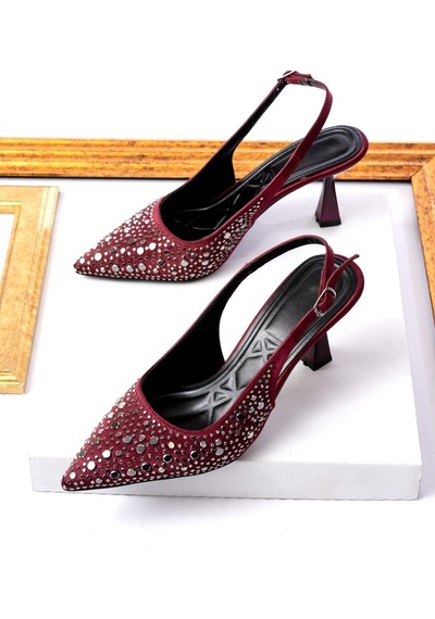 V.s.h Velvet Kadın Abiye Taş Detaylı Kumaş Sivri Burun Arka Açık 7cm Topuklu-2238 Bordo