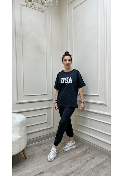 Usa T-shirt Eşofman Altı Jogger- Beyaz Baskılı Antrasit Eşofman Takım Oversize Bisiklet Yaka Antrasit-279580
