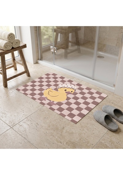 Kartela Halı Pastel Dama Ördekli Banyo Paspası Gül Kurusu Kaymaz Taban Makinede Yıkanabilir 60x90 Cm