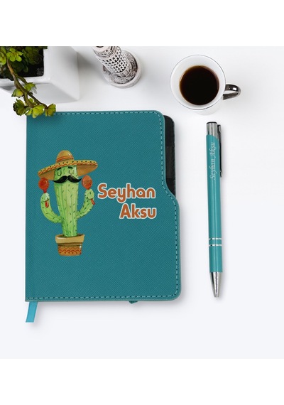 Kişiye Özel Kaktüs Tasarımlı Turkuaz Termo Deri Defter Kalem Seti N11.2140