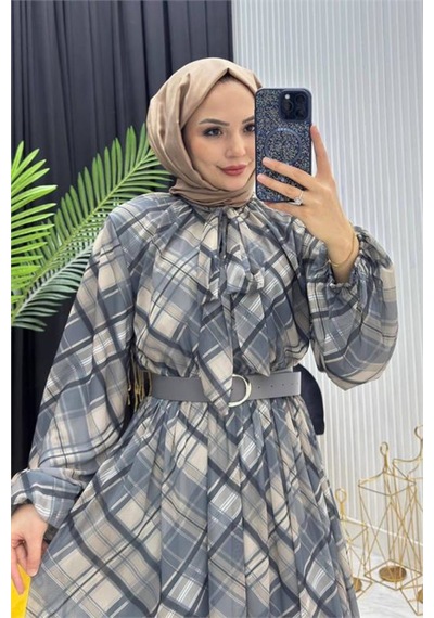 Neşeli Butik Kadın Mavi Ekose Desen Yaka Bağlama Detaylı Tül Kumaş Tesettür Elbise Nms087