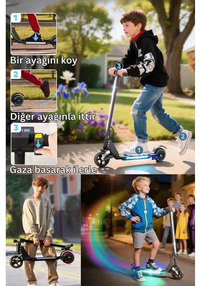Elektrikli Çocuk Scooter - Çift Frenli Katlanabilir - Led Işıklı - Ön Çift Süspansiyonlu 8+ Siyah