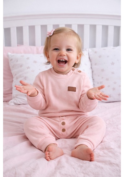 Babyhola Kız Erkek Bebek Çocuk Takım Pamuk Düğmeli Alt Üst Takım 23631 Pembe