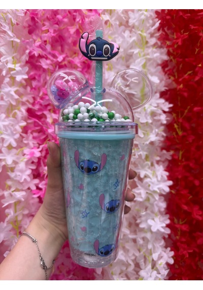 Stitch Desenli Pipetli Suluk Bardak Buzlu Cam Görünümlü Sevimli Şık Bardak Mavi