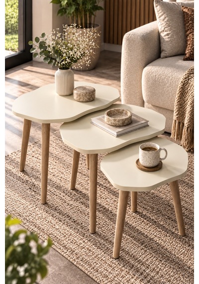 Sulorahome Ekru 3'lü Geometrik Zigon Sehpa Seti