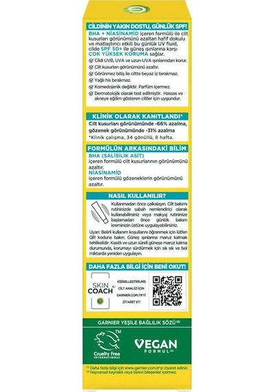 Garnier BHA + Niasinamid Fluid Günlük Güneş Koruyucu Yüz Kremi SPF50+ 40 ML