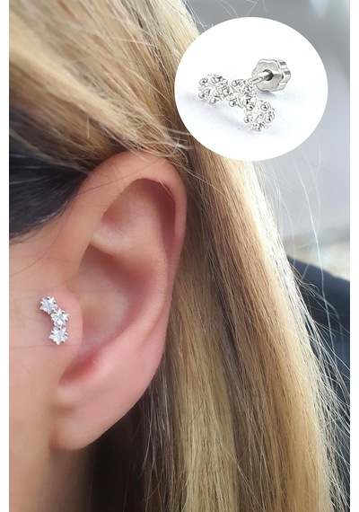 Pırlanta Parlaklığında Zirkon Taşlı 925ayar Gümüş Yay Tragus Helix Piercing Gümüş