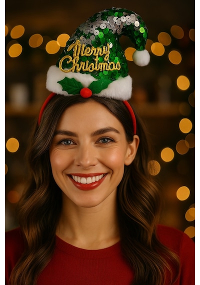 Parlak Yeşil Pullu Merry Christmas Yazılı Noel Şapkalı Kırmızı Taç Yeni Yıl Parti Aksesuarı