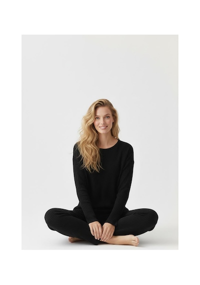 Fit Women Pamuklu Uzun Kollu Düz Model Pijama Takımı 4453 Siyah