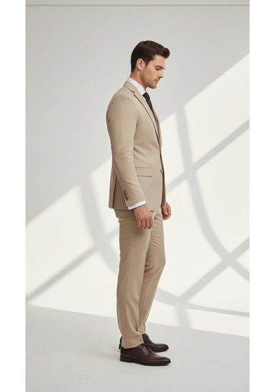 Erkek Slim Fit Mikro Desenli Takım Elbise 2 Düğmeli Çift Yırtmaçlı Modern Ceket Pantolon Takım Bej Erkek Slim Fit Mikro Desenli Takım Elbise 2 Düğmeli Çift Yırtmaçlı Modern Ceket Pantolon Takım Bej
