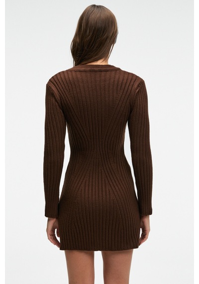 Grımelange ENCANTO Kadın Yuvarlak Yaka Çizgi Desenli Slim Fit Kahverengi Elbise