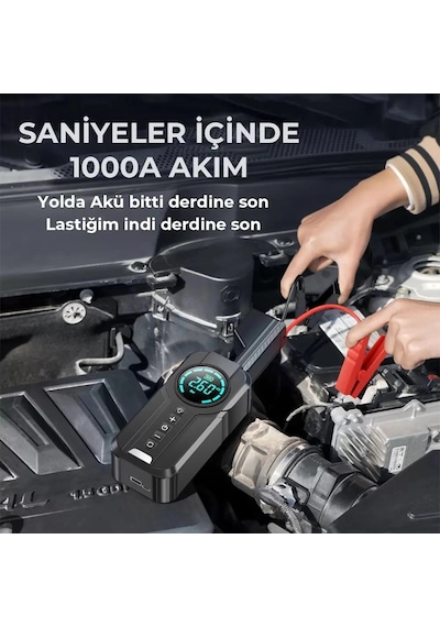 Taşınabilir Şarjlı Jump Starter - Akü Takviyesi + Lastik Şişirici + Powerbank + Led Işık Hepsi Bir A