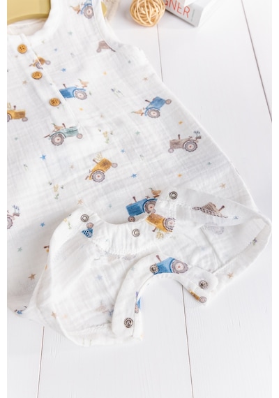 Babymod Araba Desenli Müslin 100% Pamuk Yazlık Erkek Bebek Tulum Beyaz