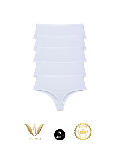 Wcreas Yüksek Bel Kadın Tanga, Pamuklu Yumuşak Kumaş Tanga Külot 5'li Paket Beyaz