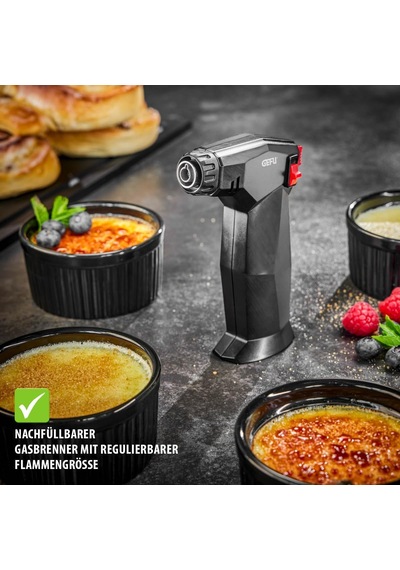 Ayrex Gefu Zuca Crème Brûlée Seti, 5 Parça, Alev Ayarlı Ve Çocuk Emniyetli Gazlı Brülör, 4 Seramik Kase, Ayak