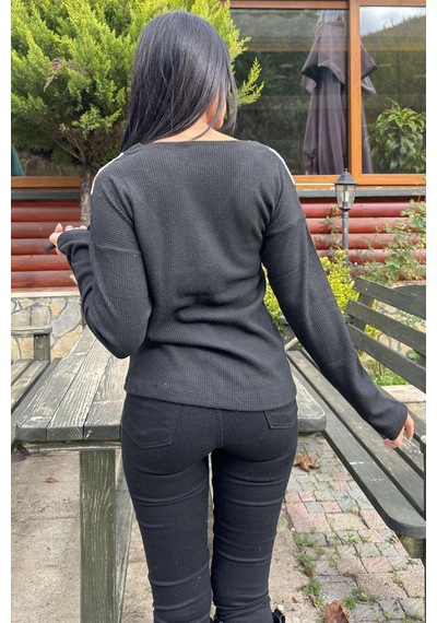 WeShaya Kadın Siyah Uzun Kollu V Yaka Color Block Pamuklu Bluz Sweatshirt Siyah