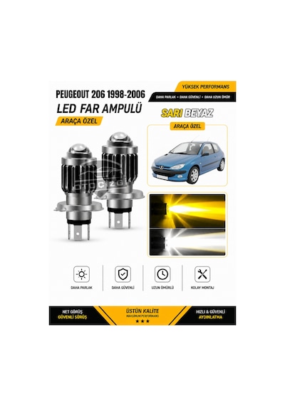 Peugeot 206 1998-2006 H4 Led Far Ampulü Sarı-beyaz Işık Canbus Mini Lensli 2'li Set