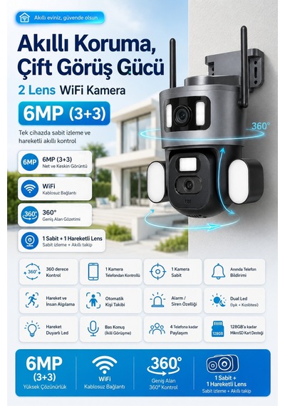 2 Kameralı 3+3mp Wıfı Güvenlik Kamerası - 360 Otomatik - Gece Görüş - Hareket - Algılama - Takip 76521098