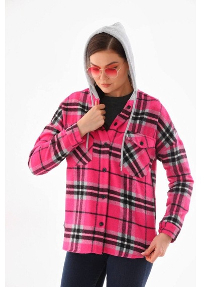Polologin Butik Kadın Fuşya Pembe Kapüşonlu Ekose Oduncu Gömlek Ceket Pembe