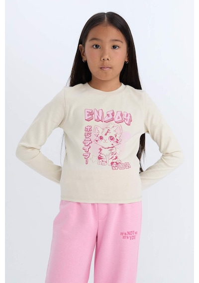 DeFacto Kız Çocuk Cropped Fit Bisiklet Yaka Baskılı Fitilli Kaşkorse Uzun Kollu Tişört D3430A824WNBG734 Bej