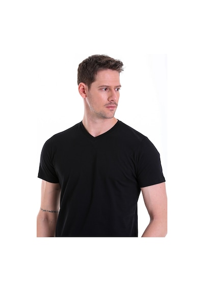 Hatemoğlu Siyah Düz Slim Fit 100% Pamuk V Yaka Tişört Siyah