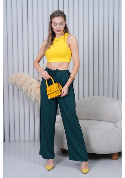 Polologin Butik Beli Bağcıklı Yüksek Bel Bol Paça Zümrüt Yeşili Pantolon Yeşil