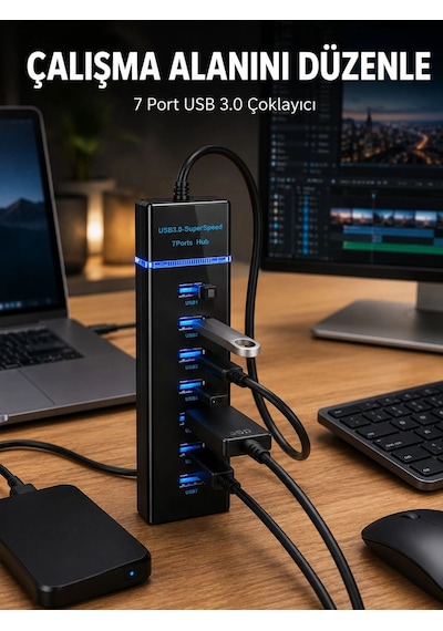 Mey İthalat 7 Girişli Usb 3.0 Hub 5gbps Led Göstergeli Usb Çoğaltıcı Diğer