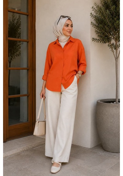 Maşuka Oversize Rahat Kalıp Uzun Kollu Keten Günlük Şık Kadın Gömlek - Tunik Turuncu Turuncu Maşuka Oversize Rahat Kalıp Uzun Kollu Keten Günlük Şık Kadın Gömlek - Tunik Turuncu Turuncu
