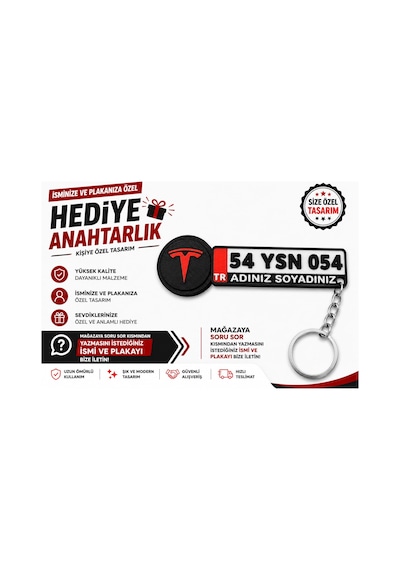Tesla Logolu Ve Plakalı Anahtarlık , Kişiye Özel - Hediyelik Tesla Araç Plaka Anahtarlık - Plakalık